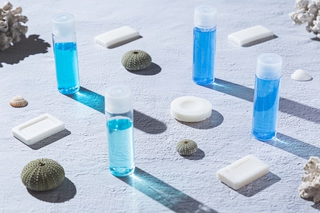 Close-up of various skincare products for oily skin, including a foaming cleanser, toner, serum, and lightweight moisturizer, arranged neatly on a clean surface.