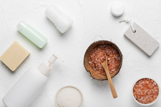 A flat lay photograph showcasing various skincare products for dry skin, including a gentle cleanser, hydrating serum, rich moisturizer, and sunscreen. The products are arranged neatly on a light-colored surface with some natural light enhancing their textures and colors.