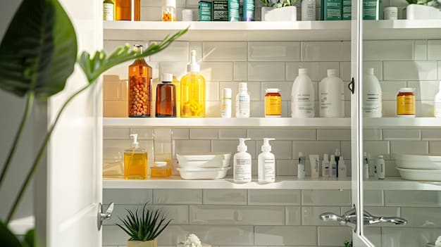 A well-organized skincare shelf with various products, including cleansers, toners, retinol serums, moisturizers, and sunscreen. The products are neatly arranged, showcasing a balanced and effective retinol skincare routine.