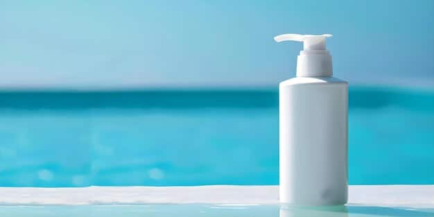 Close-up shot of various sunscreen bottles and tubes, clearly labeled as 