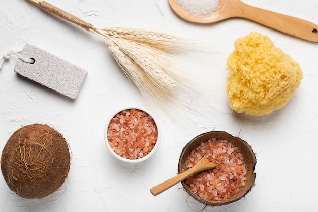 A split image showing examples of physical exfoliants (sugar scrub, exfoliating brush) on one side and chemical exfoliants (AHA serum, BHA cleanser) on the other. The background is clean and minimalist.