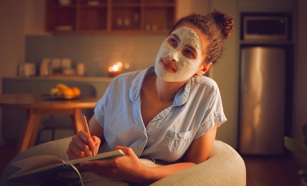 A person with clear, glowing skin applying a homemade face mask with a brush, showcasing the relaxing and self-care aspect of DIY skincare.