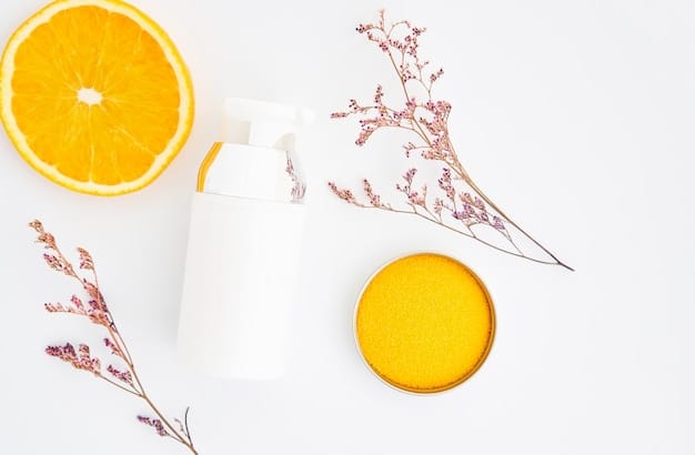 A close-up shot of various skincare products containing ingredients like Vitamin C, retinoids, and sunscreen. The products are arranged neatly on a white surface, with labels clearly visible.