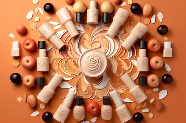 A close-up shot of various skincare products (moisturizers, serums, sunscreens) arranged in a circular pattern, each product labeled with a seasonal icon (e.g., snowflake for winter, sun for summer, autumn leaves for fall, flower for spring). The background is a soft, neutral color.