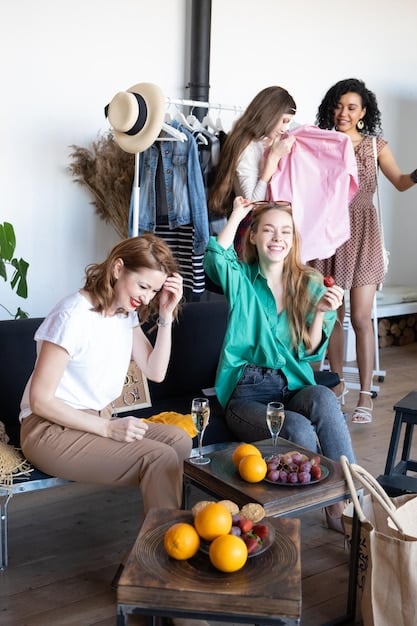 A close-knit group of women laughing and chatting as they sort through a pile of clothes at a clothing swap. The atmosphere is relaxed and friendly, showcasing the social aspect of the event.