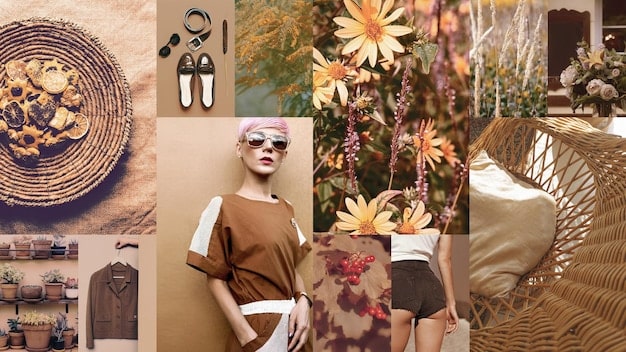 A collage showing various fashion mood boards with different styles (e.g., casual, bohemian, minimalist). Each mood board contains color palettes, clothing items, and accessories that represent the aesthetic.