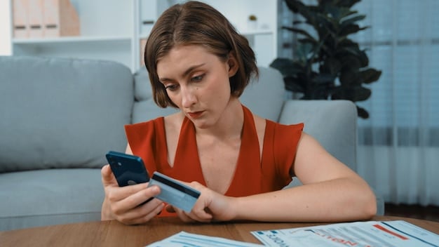 A woman using a mobile app to track her spending and purchase decisions, as a means of financial planning and adhering to the 3-month rule.