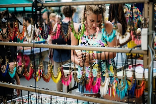 A wide shot of a vibrant flea market scene with various stalls displaying clothing, jewelry, and other fashion accessories. Shoppers are browsing the items, creating a lively and bustling atmosphere.