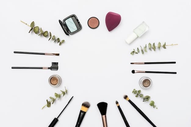 A flat lay featuring a selection of affordable makeup products like drugstore foundation, mascara, lipstick, and a small eyeshadow palette, all arranged on a clean white surface with good lighting.