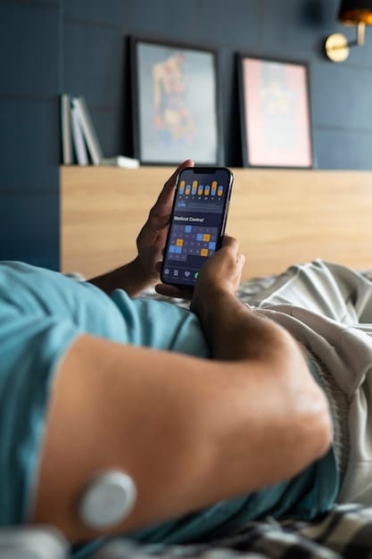 A person using a smart alarm clock app on their smartphone to set a wake-up window based on their sleep cycle. The app should display a graph of their sleep stages.
