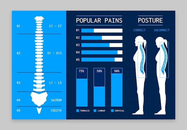 A diagram illustrating the proper alignment of the spine from a side view, showing the natural curves of the neck, upper back, and lower back, with lines indicating the ideal posture and key anatomical points.