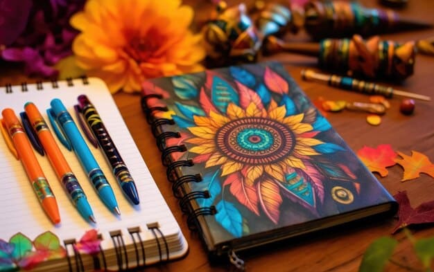 A close-up shot of different colored pens and a notebook with the word 