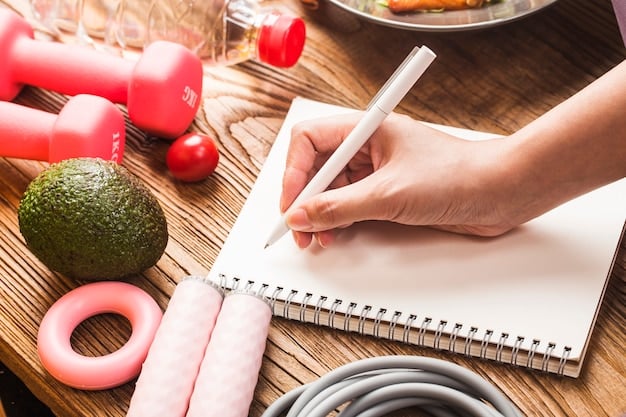 A person writing down their goals in a journal, with a pen in hand and a determined look on their face, surrounded by healthy snacks and exercise equipment.
