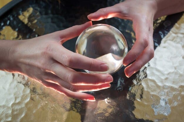 A close-up shot of a person playing a crystal singing bowl, with visible vibrations and light refracting through the crystal, emphasizing the purity and clarity of the sound.