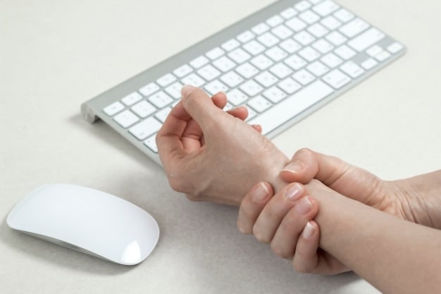 Close-up of hands using an ergonomic keyboard with proper wrist support and a neutral wrist posture, placed on a desk with ample space and organized accessories, showcasing a comfortable and efficient workspace setup.
