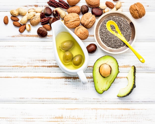 A close-up shot of various healthy foods, including nuts, avocados, and olive oil, arranged to emphasize brain-boosting nutrition.
