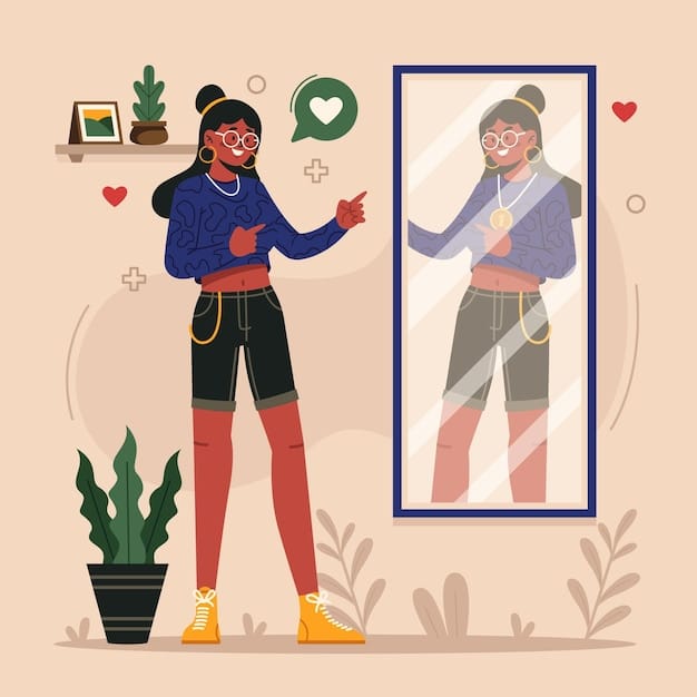 A person standing in front of a mirror, smiling and repeating positive affirmations to themselves. The mirror reflects a confident and radiant image.