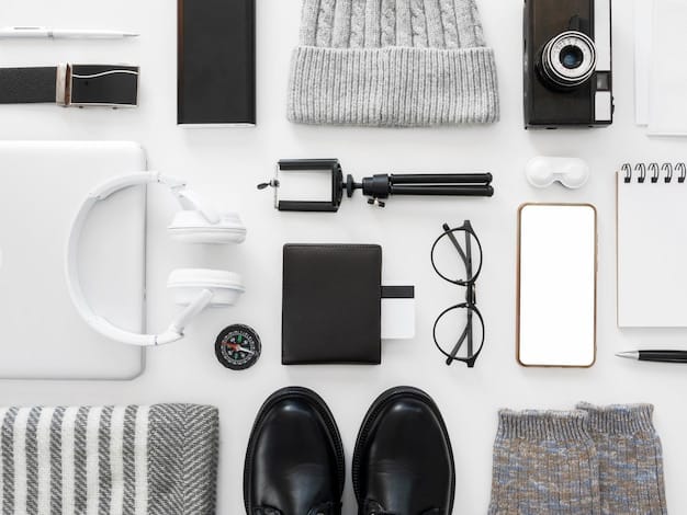 A close-up shot showcasing 10 versatile clothing items laid out neatly on a white surface. The items include a white button-down shirt, black pants, a denim jacket, a neutral-colored sweater, and a classic trench coat.