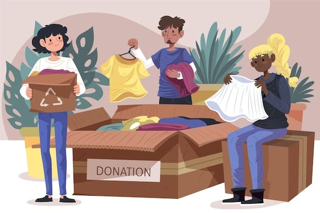 A person sorting through a pile of clothes on their bed, deciding what to keep, donate, or sell. Some clothes are neatly folded, while others are in a separate pile for donation.