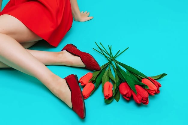 A detailed shot of a woman’s feet wearing monochrome red outfit. She is wearing bright red pointed-toe heels and red tailored pants. The focus is on the vibrant color and sharp lines of the outfit.